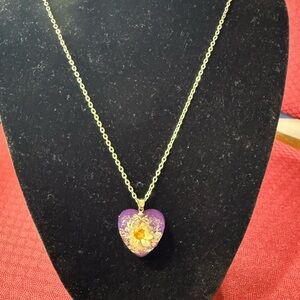 Purple Heart Pendant Necklace with Gold Floral Accent